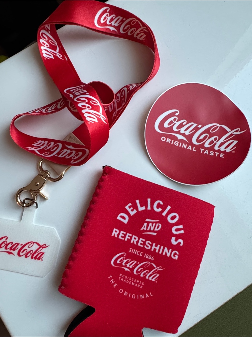 Coca Cola Red Branded Lanyard, Can Cooler & Sticker Set